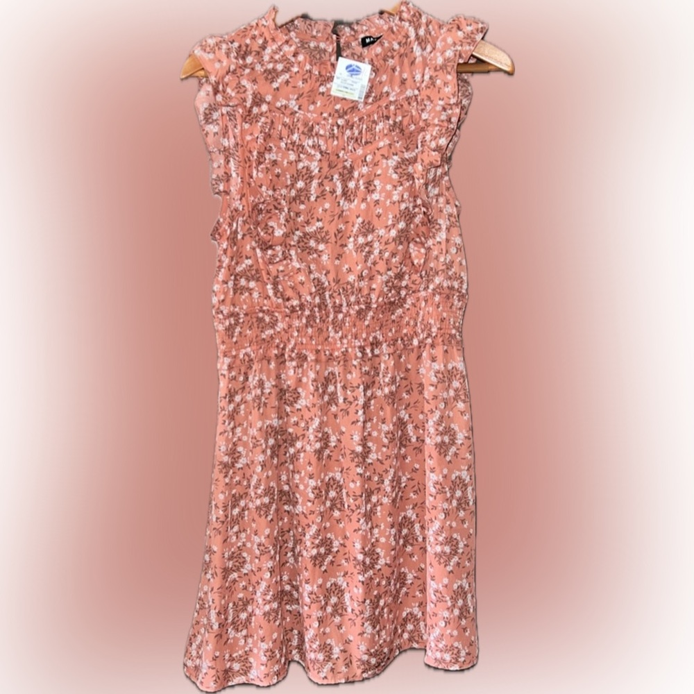 MAX + ASH Floral Ruffled Mock-Neck Mini Dress, Coral With White Flowers, Size XL